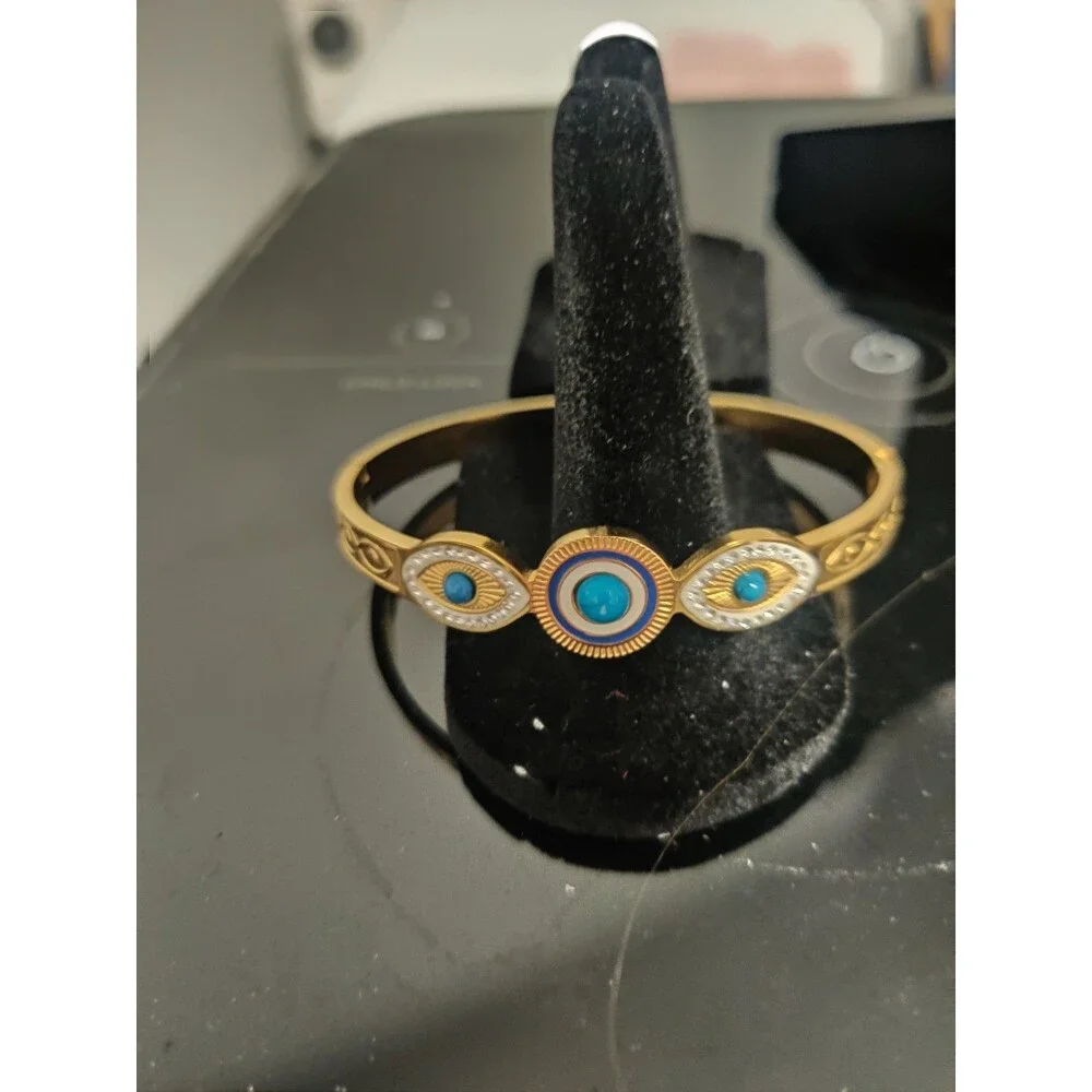 Bulluka Gold-Plated Brass Bangle Bracelet Evil Eye Motif Trinity Gaze Charm